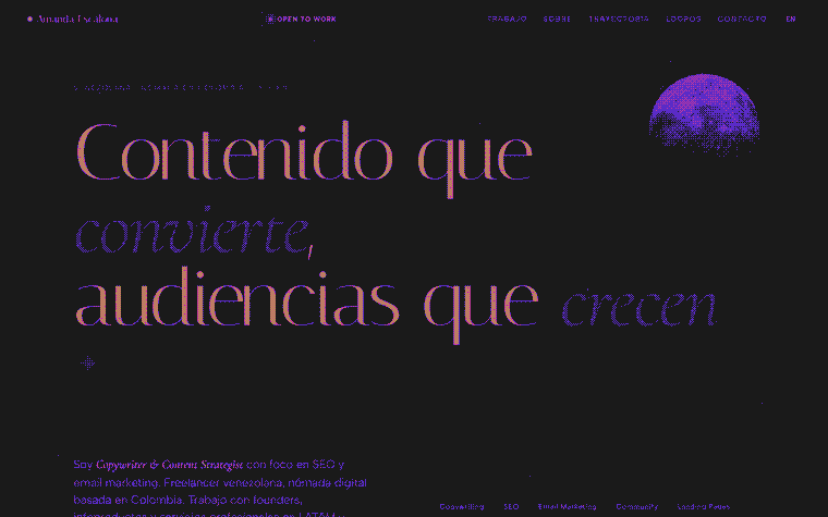 Amanda Escalona: copywriter and content strategist portfolio with a dark palette and a typographic system.